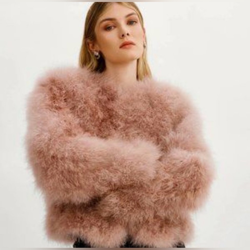 Jocelyn Blush Ostrich Feather Cropped Jacket - Picture 2 of 7
